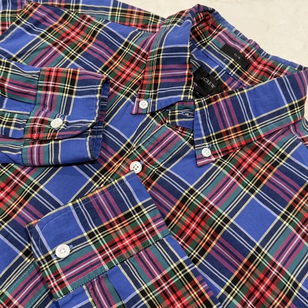 J Crew Mens Medium Navy‎ Blue Red Yellow Green Plaid  Shirt Cotton